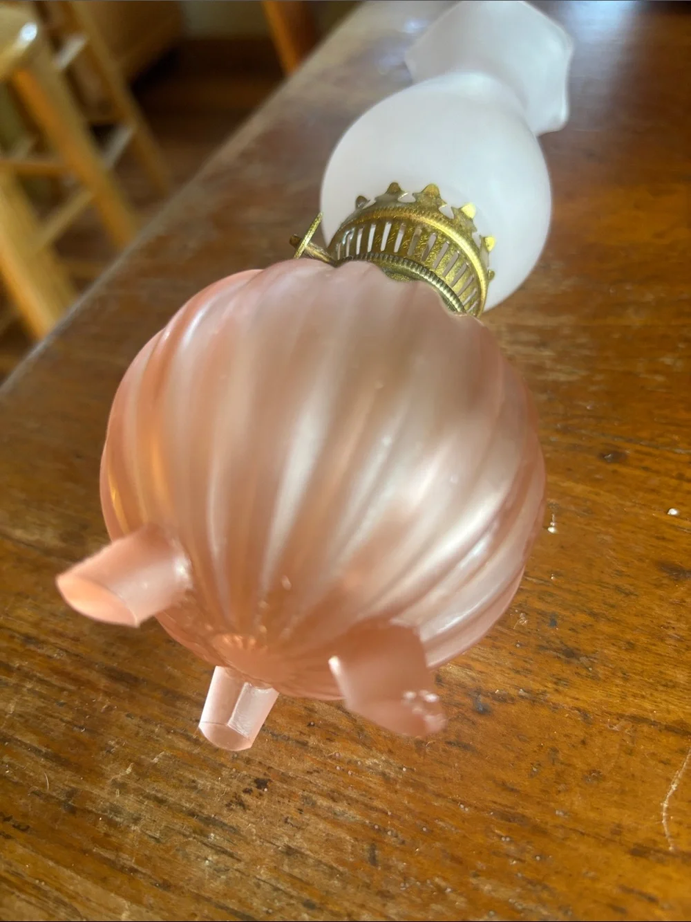 Vintage pink frosted pink rib design 3footed base miniature hurricane oil lamp